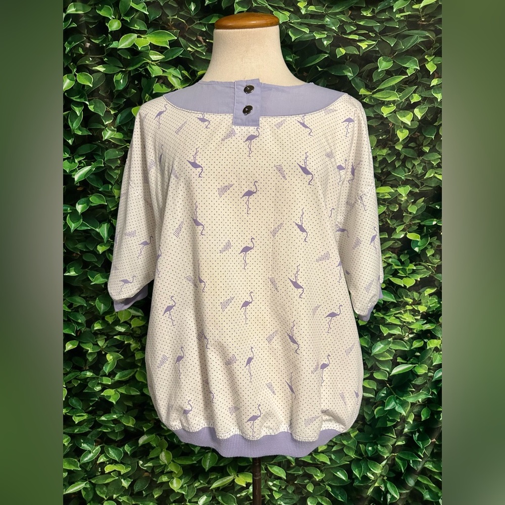Vintage Goola Gong Shirt Top White Purple Dotted Flamingo Bird Stork Womens M